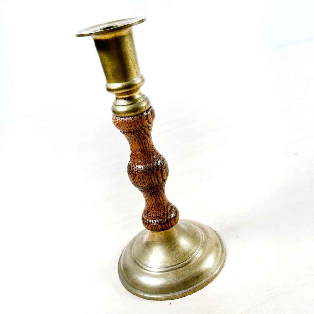 Vintage Wood & Brass Tigerwood Candle Stick Holder MCM Retro Decor Mod